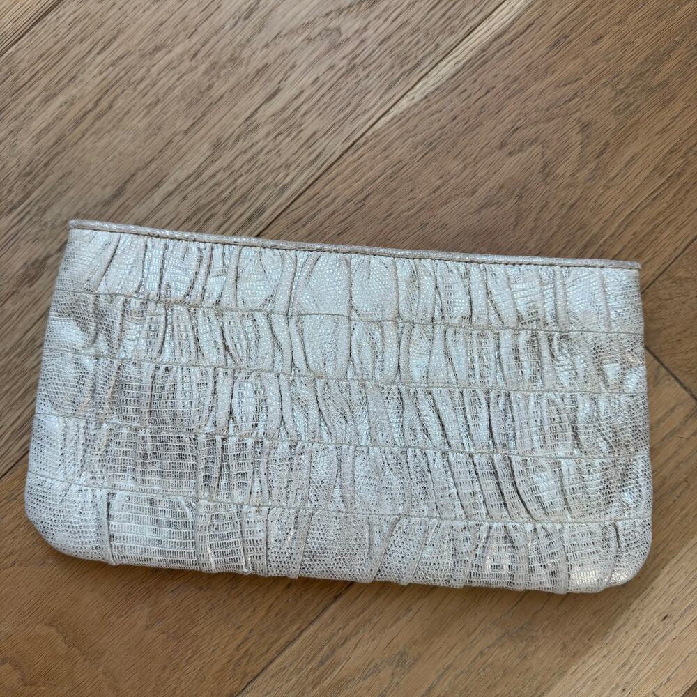 Kaia Peterka Chic Silver Metallic Snakeprint Leather Ruched Clutch Bag Cocktail